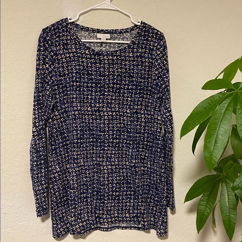 Pure J.Jill Navy Printed Long Sleeve Tunic Top Size L, Soft Stretch Casual - Picture 2 of 5